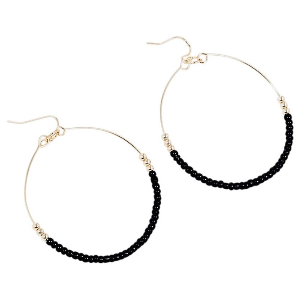 3/$15 Boho Black & Gold Glass Beaded Round 2 inch Fishhook Earrings